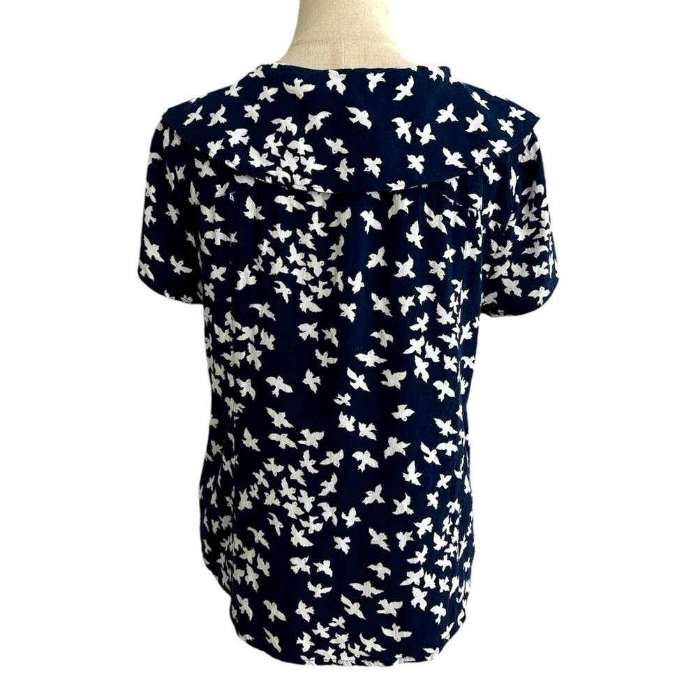 Anthropologie Austen Collared Navy and White Bird Motif  Blouse Top Size 12_5